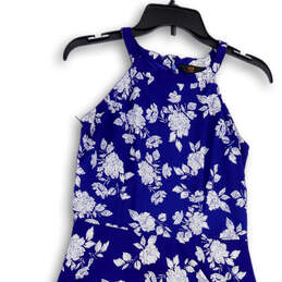 Womens Blue White Flower Halter Neck Back Zip Fit & Flare Dress Size Small