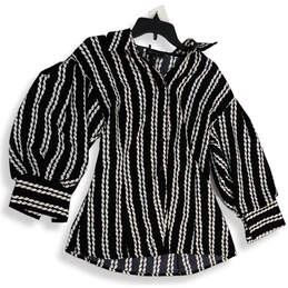 Womens Black White Braid Print 3/4 Sleeve Collared Button-Up Shirt Size L