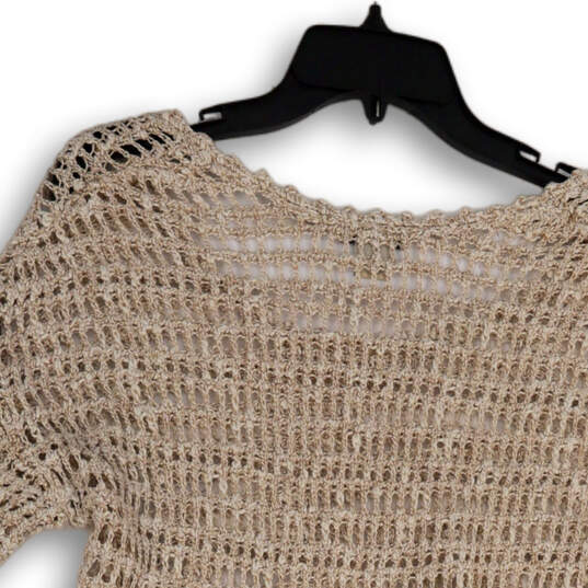 Womens Beige Open-Knit Round Neck Long Sleeve Pullover Sweater Size XL image number 4