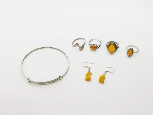 Artisan 925 Amber Circle Oval Marquise Cabochons & Wavy Band Rings Beaded Drop Earrings & 3 Lines Bangle Bracelet 23g image number 1