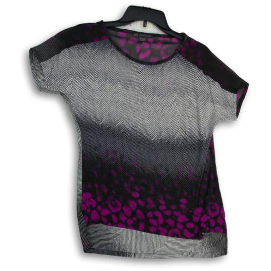 Womens Purple Printed Short Sleeve Crew Neck Sheer Blouse Top Size XS/TP image number 1
