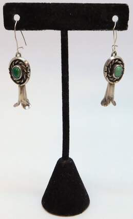 Artisan 925 Southwestern Turquoise Cabochon Rope Notched Squash Blossom Drop Earrings 6.9g
