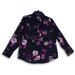Chico's Womens Black Purple Floral Spread Collar Long Sleeve Button-Up Size 8/10