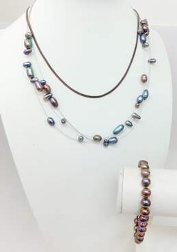 Artisan 925 Dark Pearls Multi Strand & Foxtail Chain Necklaces & Beaded Bracelet