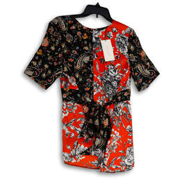NWT Womens Black Orange Floral Asymmetric Hem Tie Waist Blouse Top Size L