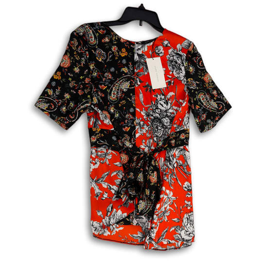 NWT Womens Black Orange Floral Asymmetric Hem Tie Waist Blouse Top Size L image number 1