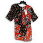 NWT Womens Black Orange Floral Asymmetric Hem Tie Waist Blouse Top Size L image number 1