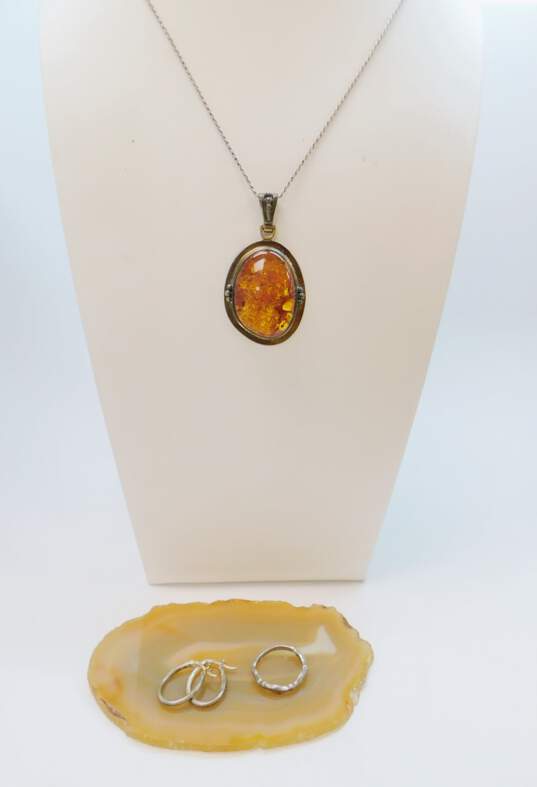 Rustic 925 Modernist Amber Cabochon Granulated Oval Pendant Chain Necklace Oblong Hoop Earrings & Band Ring 21.8g image number 1