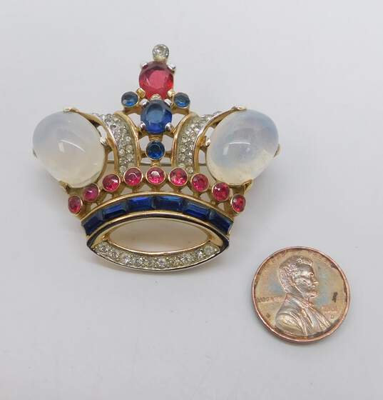 Vintage Crown Trifari Alfred Phillipe Jelly Belly Gold Tone Crown Brooch 23.2g image number 3