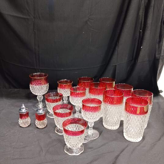 Bundle of 14 Assorted Clear with Red Accidents Drinkware Set w/Matching Salt and Pepper Shaker image number 1