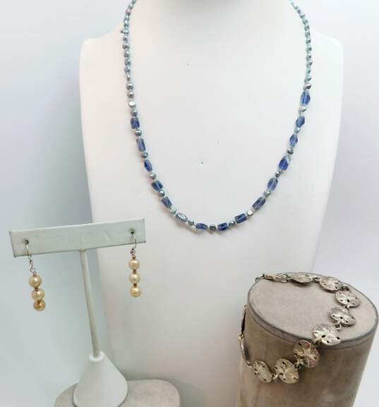 Beachy 925 Faceted Iolite & Dark Pearls Beaded Necklace Cream Pearls Drop Earrings & Sand Dollar Shells Linked Bracelet 18.7g image number 1