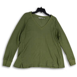 Womens Green Waffle Knit Side Slit Long Sleeve V-Neck Pullover Sweater Sz L