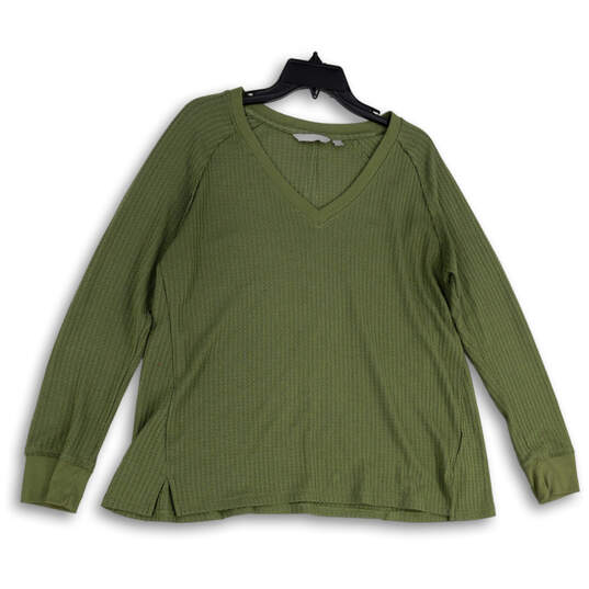 Womens Green Waffle Knit Side Slit Long Sleeve V-Neck Pullover Sweater Sz L image number 1