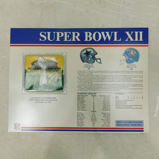 Super Bowl XII Cowboys & Broncos Iron On Patch Willabee & Ward On Stat Card image number 1