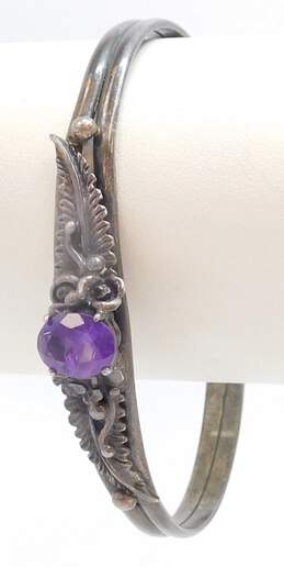 Les Baker 925 Southwestern Faceted Amethyst Flowers & Feathers Granulated Cuff Bracelet 12.1g alternative image
