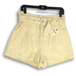 NWT Altar'd State Womens Cream Floral Flat Front Belted Chino Shorts Size Large