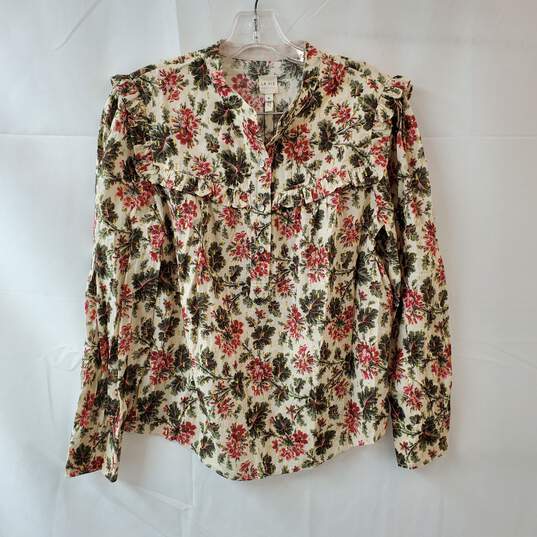 Size M Long Sleeve Button Up Shirt with Green/Pink Floral Pattern and Gold Metallic Details - Tags Attached image number 1