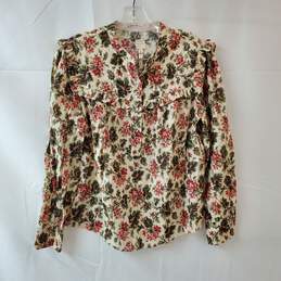 Size M Long Sleeve Button Up Shirt with Green/Pink Floral Pattern and Gold Metallic Details - Tags Attached