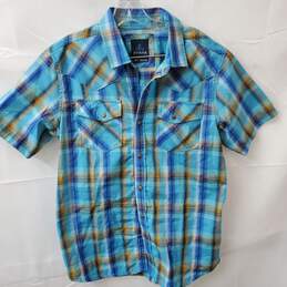 Prana Bright Blue Plaid Men's Short Sleeve Snap Up Cotton/Poly Shirt Size M