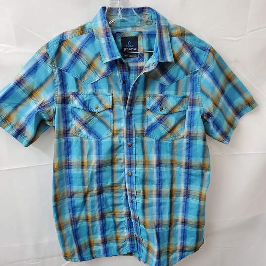 Prana Bright Blue Plaid Men's Short Sleeve Snap Up Cotton/Poly Shirt Size M image number 1