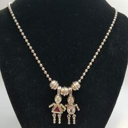 Sterling Silver Bead Chain Multi-Gemstone Boy & Girl Pendant 29.5inch Necklace 16.7g