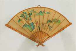 Pair Of Vintage Wood & Hand Painted Canvas Asian Art Fan Wall Hangings alternative image