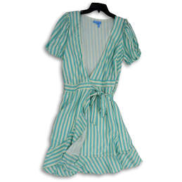 Womens Blue White Striped V-Neck Short Sleeve Tie Knot Wrap Dress Size S