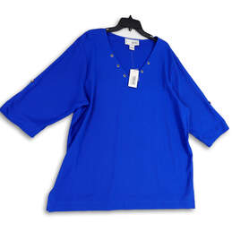 NWT Womens Blue V-Neck 3/4 Sleeve Pullover Tunic Blouse Top Size 3X