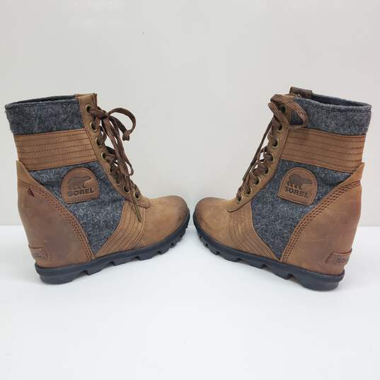 Sorel Lexie Women Wedge Boots Brown Gray Felt Leather Round Toe Lace Up Size 6.5 image number 4