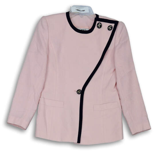 Womens Pink Blue Long Sleeve Crew Neck Button Front Blazer Size 2P image number 1