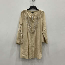 NWT Womens Beige Embroidered Long Sleeve Split Neck Shift Dress Size M