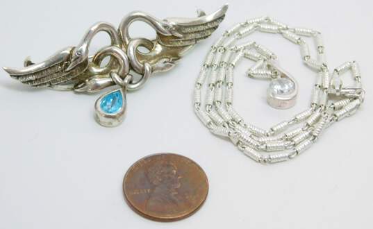 Contemporary 925 Cubic Zirconia Swirl Pendant Bar Chain Necklace & Swans & Blue Glass Teardrop Brooch 21.2g image number 6