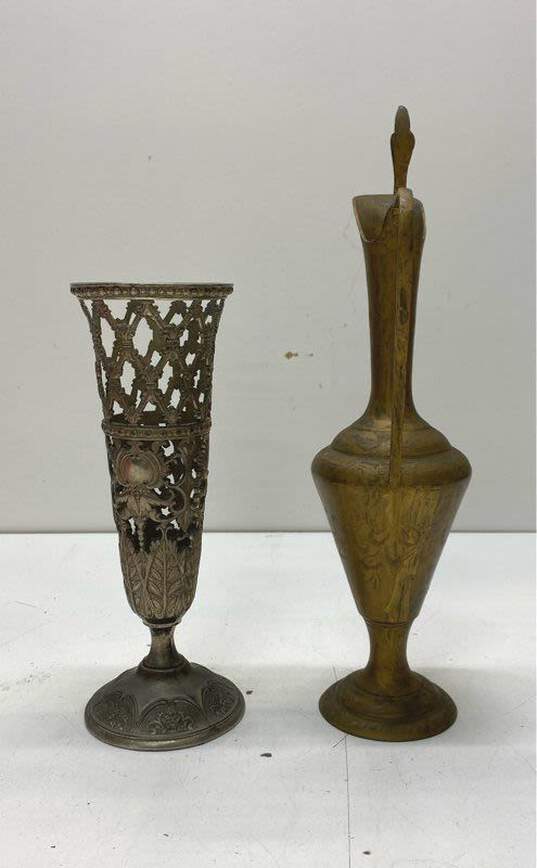 Vintage Art Nouveau Silver Plated Vase /Brass Decanter Lot of 2 Metalware image number 4