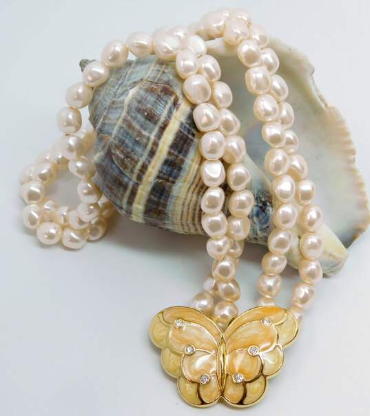 Vintage Kenneth Jay Lane For Avon Double Strand Faux Pearl Butterfly Necklace 60.5g image number 3