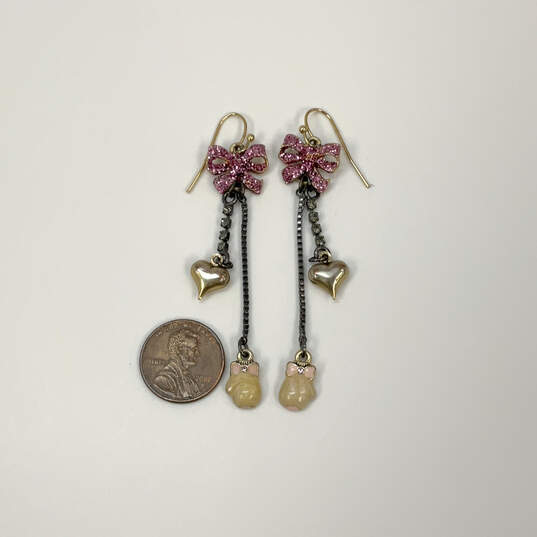 Designer Betsey Johnson Gold-Tone Pink Glitter Bow Heart Drop Earrings image number 4