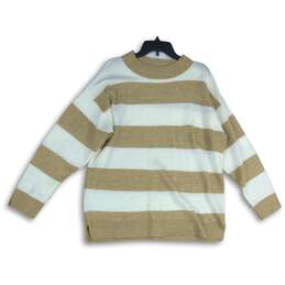 Calvin Klein Womens Brown White Striped Knitted Crew Neck Pullover Sweater Sz L