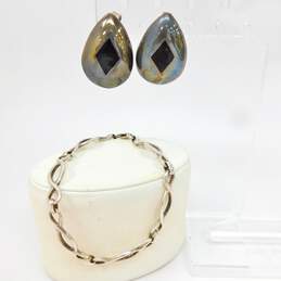 Taxco 925 Modernist Black Enamel Dome Teardrop Earrings & Twist Link Bracelet