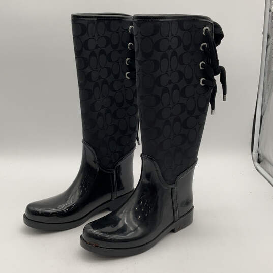 Womens Tristee Black Rubber Round Toe Lace-Up High Knee Rain Boots Size 7 B image number 4