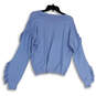 Womens Blue Knitted Round Neck Ruffle Sleeve Pullover Sweater Size Large image number 2
