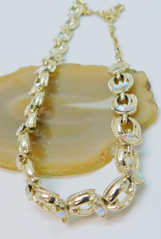 Vintage Aurora Borealis Rhinestone Gold Tone Necklace & Clip On Earrings w/ Coro Woven Chunky Bracelet 115.3g image number 2