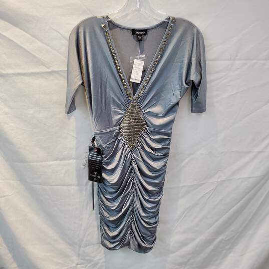 Bebe Speak Easy Glam V-Neck Jeweled Silver Dress Women's Size XS NWT image number 1
