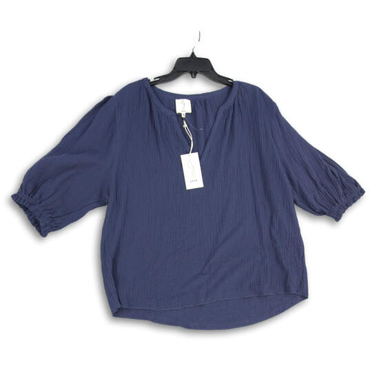 NWT Womens Blue Ruffle Split Neck Short Sleeve Pullover Blouse Top Size XL image number 1