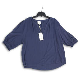 NWT Womens Blue Ruffle Split Neck Short Sleeve Pullover Blouse Top Size XL