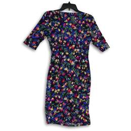 Womens Multicolor Floral Pleated V-Neck Short Sleeve Bodycon Dress Size 2 alternative image