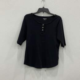Womens Black Short Sleeve Henley Neck Pullover Blouse Top Shirt Size M/P 10-12