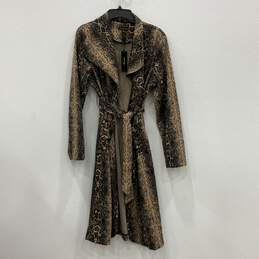 NWT Shinestar Womens Beige Black Snake Print Long Sleeve Trench Coat Size Large