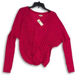 NWT Pilcro Womens Pink V-Neck Ribbed Long Sleeve Pullover Sweater Size M