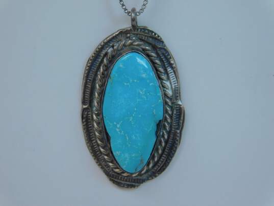 Southwestern Style 925 Sterling Silver Faux Turquoise Pendant On Box Chain Necklace & Ring 11.3g image number 2
