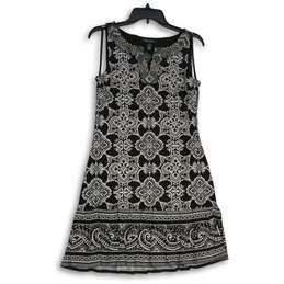 NWT Womens Black Geometric Split Neck Sleeveless Short A-Line Dress Size S