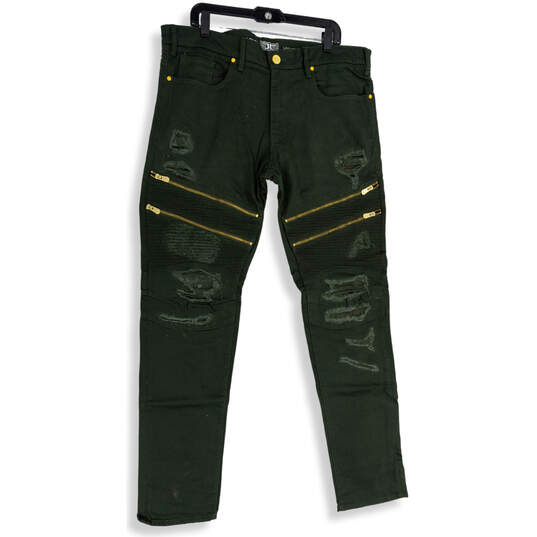 Mens Green Denim 5-Pocket Design Distressed Skinny Leg Jeans Size 36/24 image number 1